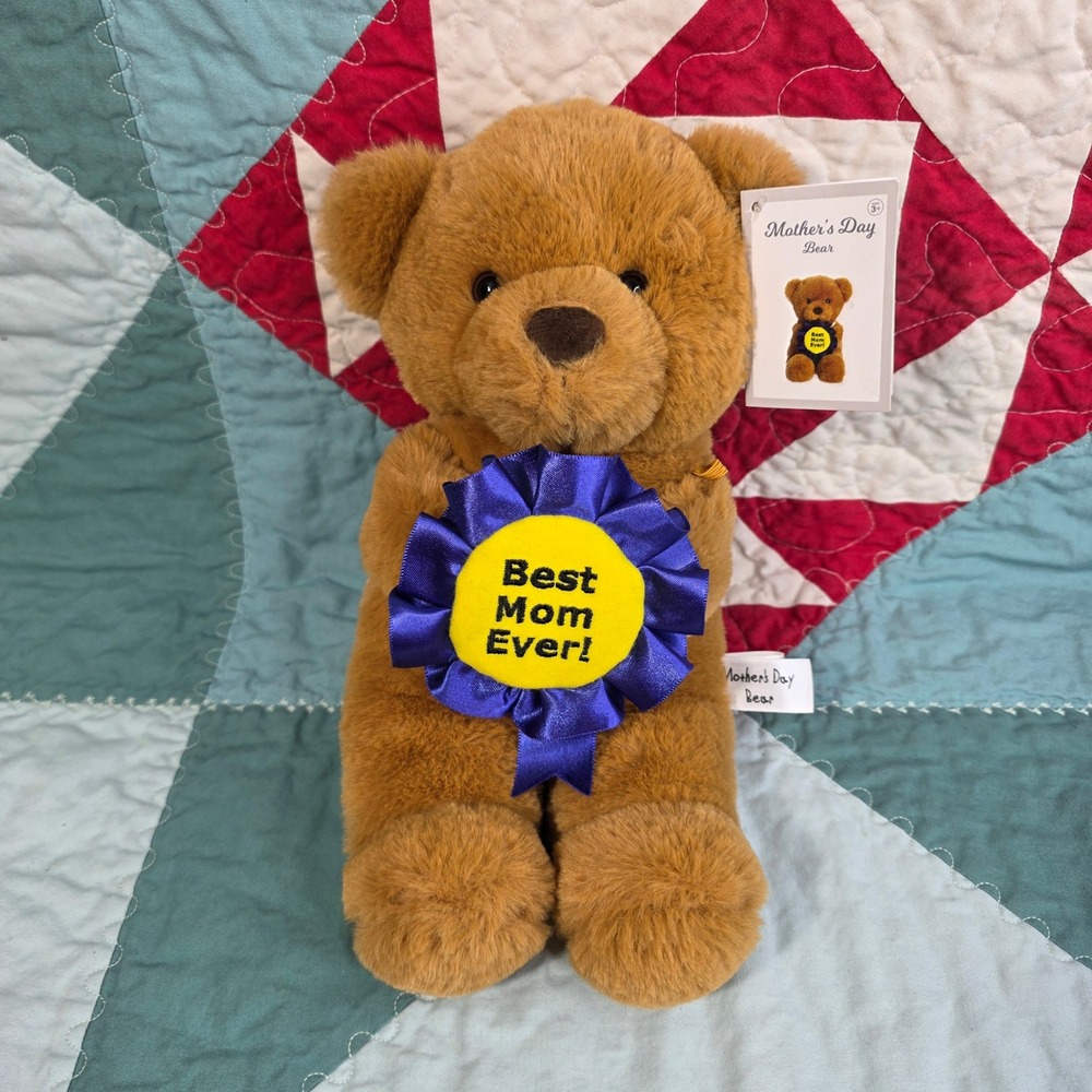 Aurora World Mother's Day Bear Brown Plush Best Mom Ever Blue Ribbon 11" NWT